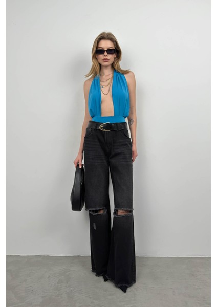 Geniş Paça Lazer Detay Jean