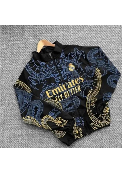 Unisex Paraşüt Kumaş Oversize Baskılı Siyah Rüzgarlık Yağmurluk