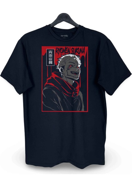 Ryomen Sukuna Jujutsu Kaisen Baskılı Unisex Bol Kalıp Bisiklet Yaka Tişört Siyah
