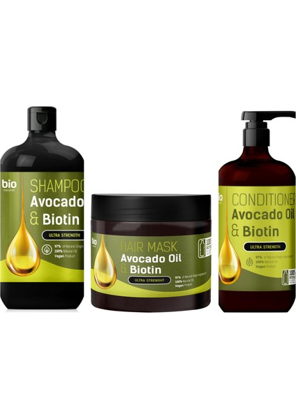 % 97 Organik Güclendirici Saç Bakım Seti Şampuan Saç Kremi Saç Maskesi Avocado & Biotin