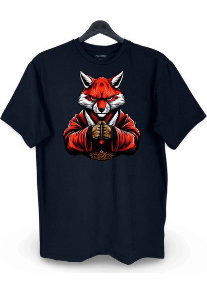 Samuray Red Fox Tilki Baskılı Unisex Bol Kalıp Bisiklet Yaka Tişört