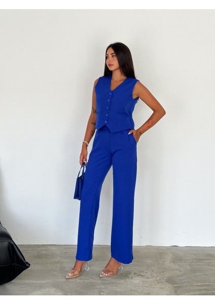 Kadın Mavi Modern V Yaka Yelek ve Palazzo Pantolon Takım Elbise fiyatları