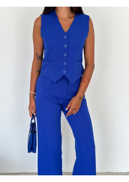 Kadın Mavi Modern V Yaka Yelek ve Palazzo Pantolon Takım Elbise modelleri