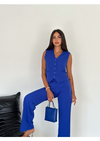 Kadın Mavi Modern V Yaka Yelek ve Palazzo Pantolon Takım Elbise fırsatları