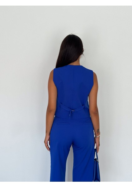 Kadın Mavi Modern V Yaka Yelek ve Palazzo Pantolon Takım Elbise indirimleri