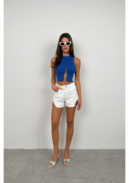 Taş Detay Dekolteli Crop Bluz
