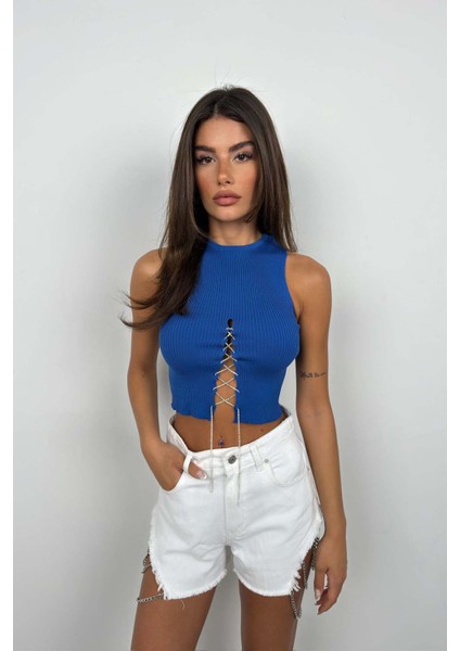 Taş Detay Dekolteli Crop Bluz