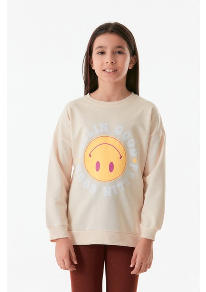 Gülücük Baskılı Bisiklet Yaka Kız Çocuk Sweatshirt