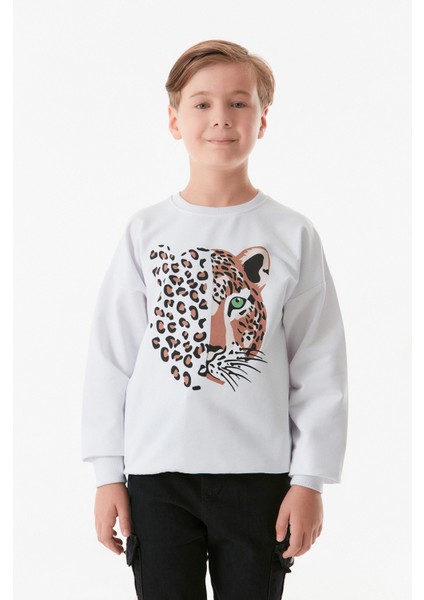 Leopar Baskılı Bisiklet Yaka Erkek Çocuk Sweatshirt