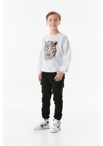 Leopar Baskılı Bisiklet Yaka Erkek Çocuk Sweatshirt