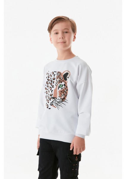 Leopar Baskılı Bisiklet Yaka Erkek Çocuk Sweatshirt