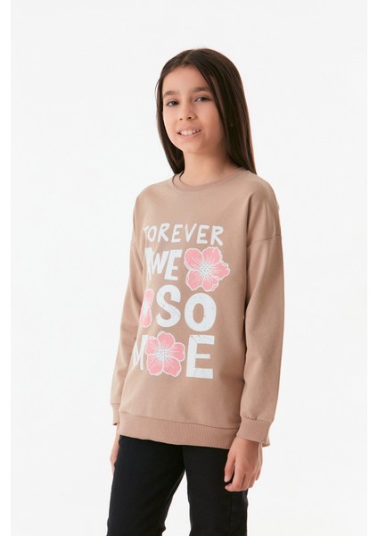 Yazı ve Çiçek Baskılı Bisiklet Yaka Kız Çocuk Sweatshirt