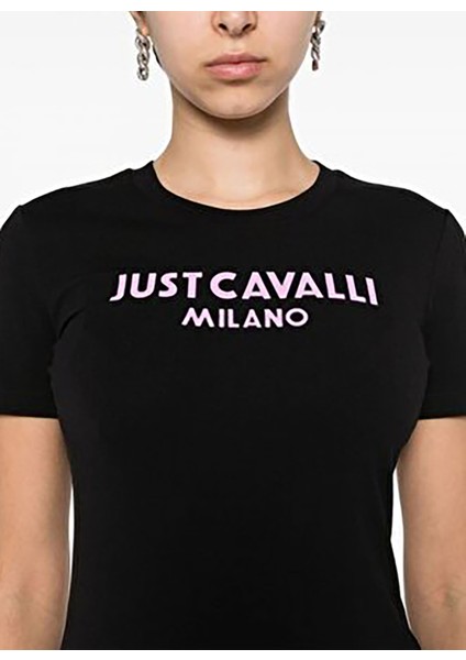 Just Cavalli Yuvarlak Yaka Baskılı Siyah - Beyaz Kadın T-Shirt 76Pahe13