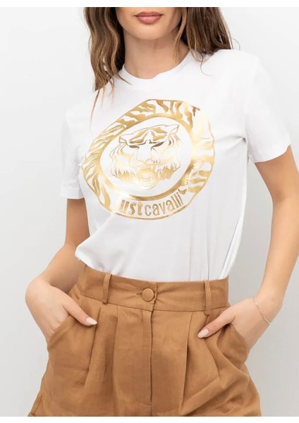 Yuvarlak Yaka Baskılı Beyaz Kadın T-Shirt 76Pahg12