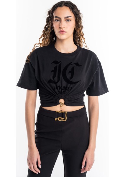 Yuvarlak Yaka Düz Siyah Kadın T-Shirt 76Pahg01