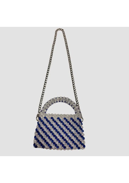 El Yapımı Şeffaf Kristal Boncuk Abiye Çanta 13CM - Beyaz / Mavi modelleri