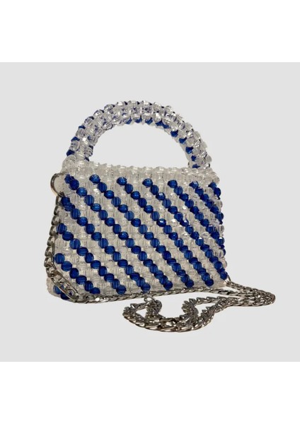 El Yapımı Şeffaf Kristal Boncuk Abiye Çanta 13CM - Beyaz / Mavi fırsatları