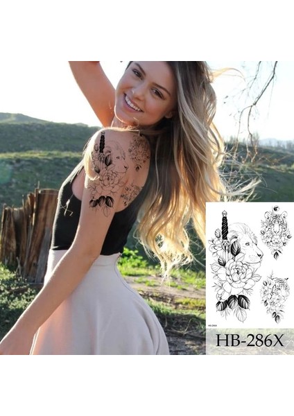 Gerçekci Aslan ve Çiçek Çoklu Geçici Dövme Tattoo
