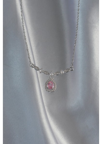 Mulvxxmd XDN02 Çelik Renk Pembe Zirkon Taşlı Damla Kolye (Mulvix)