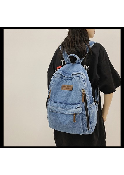 Büyük Kapasiteli Denim Sırt Çantası Kadın Sırt Çantası 2 Moda Okul Çantaları Harajuku Tarzı Öğrenci Seyahat Çantası (Yurt Dışından)