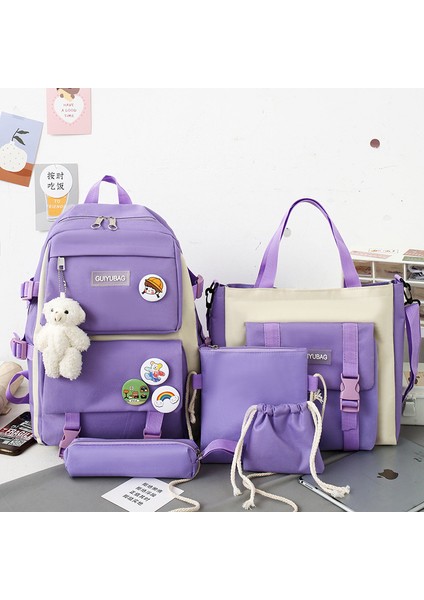 Kanvas Sırt Çantası Öğrenci Sırt Çantası Büyük Kapasiteli Kore Tarzı Beş Parçalı Öğrenci Okul Çantası (Yurt Dışından)