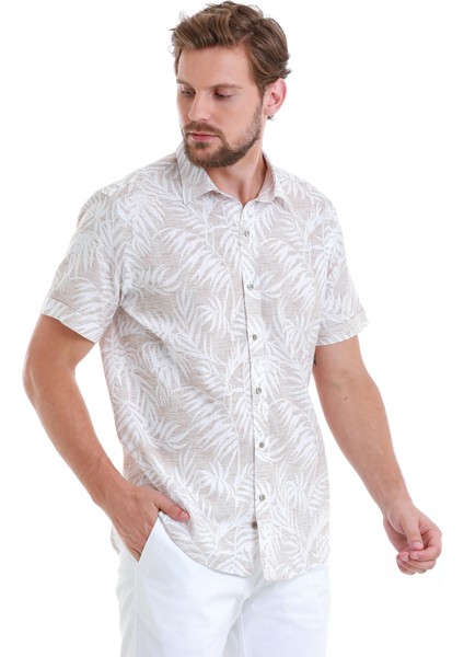Bej Comfort Fit Baskılı 100% Pamuk Slim Yaka Kısa Kollu Gömlek modelleri
