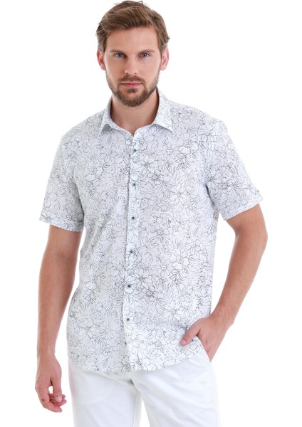 Lacivert Comfort Fit Baskılı 100% Pamuk Slim Yaka Kısa Kollu Gömlek