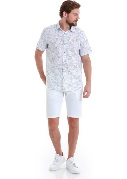 Lacivert Comfort Fit Baskılı 100% Pamuk Slim Yaka Kısa Kollu Gömlek fiyatları