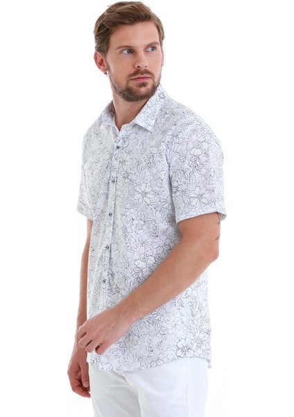 Lacivert Comfort Fit Baskılı 100% Pamuk Slim Yaka Kısa Kollu Gömlek modelleri