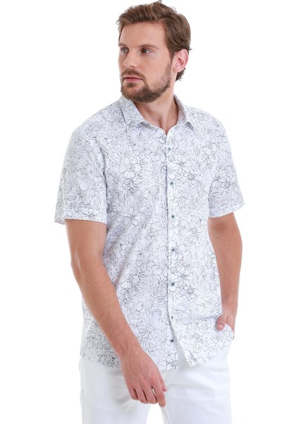 Lacivert Comfort Fit Baskılı 100% Pamuk Slim Yaka Kısa Kollu Gömlek fırsatları