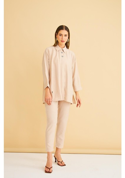 Afra Taş Işlemeli Keten Dokuma Taş Gömlek Pantolon Takım