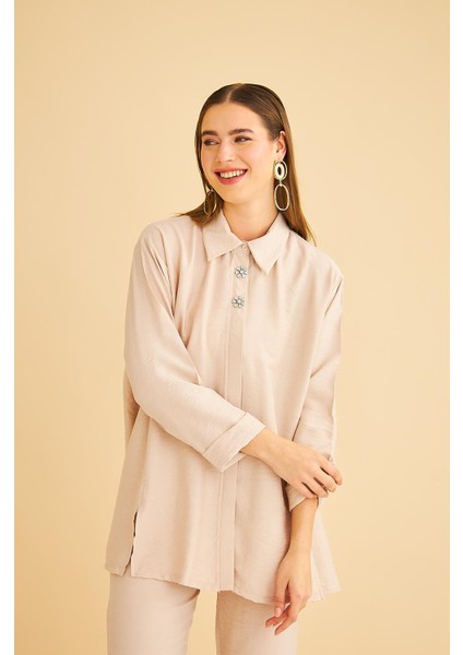 Afra Taş Işlemeli Keten Dokuma Taş Gömlek Pantolon Takım fiyatları