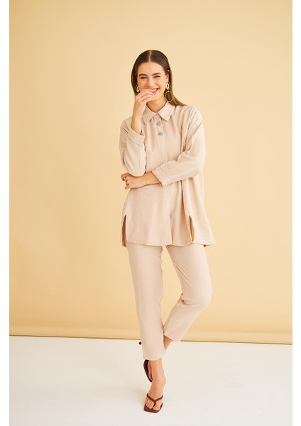 Afra Taş Işlemeli Keten Dokuma Taş Gömlek Pantolon Takım modelleri