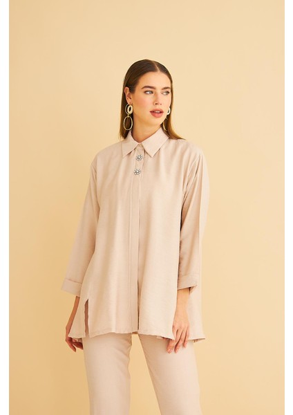 Afra Taş Işlemeli Keten Dokuma Taş Gömlek Pantolon Takım fırsatları