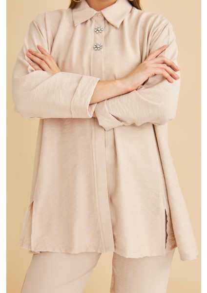 Afra Taş Işlemeli Keten Dokuma Taş Gömlek Pantolon Takım indirimleri