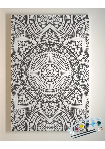 Dudu Gift 25X35 Resimli Tuval Çocuk Boyama Seti- Otantik-Mandala-6 Renk Akrilik Boya ve 2 Fırça Adet Fırça