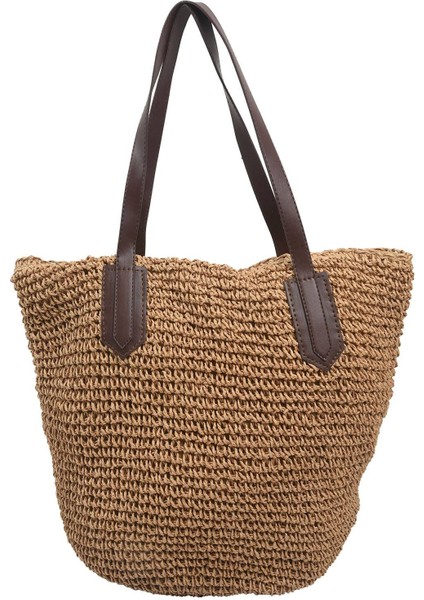 Kadın El Yapımı Hasır Örgülü Çanta Dokuma Doğal Moda Dış Mekan Çanta Plaj Çantaları (Açık Kahverengi) (Yurt Dışından)
