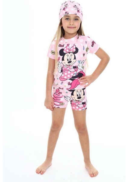 Mnn Boneli Kısa Kol Şortlu 3 Parça Kız Çocuk Mayo Pembe