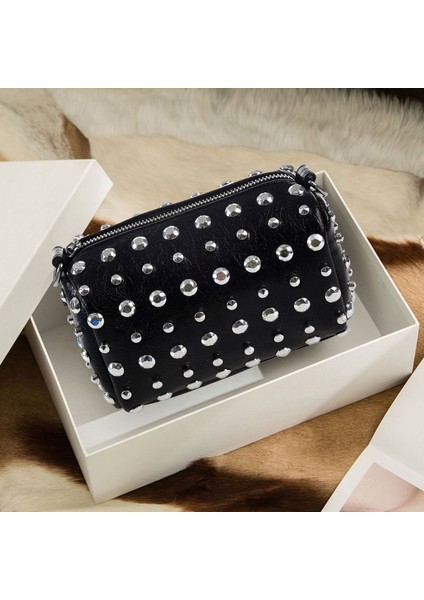 Vahşi Perçin Omuz Çantası Kore Versiyonu Moda Taşınabilir Zincir Messenger Küçük Yuvarlak Siyah (Yurt Dışından) fırsatları