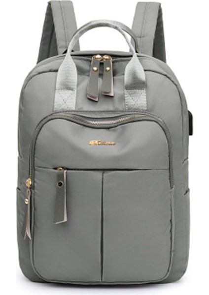 Kadın USB Şarjlı Sırt Çantası, Saf Renk, Çok Yönlü, Eğlence Seyahati, Su Geçirmez Kız Çocuk Okul Çantası Gri (Yurt Dışından)