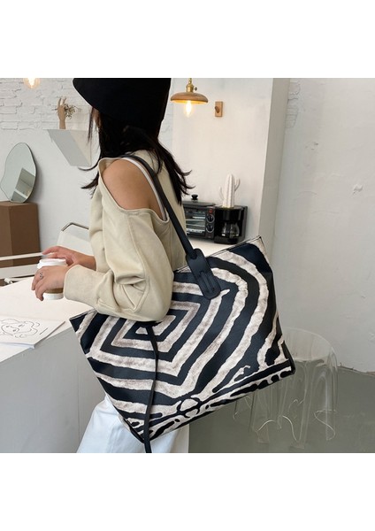 Moda Retro Leopar Büyük Tote Çanta Pu Deri Kadın Çanta Yüksek Kapasiteli Omuz Messenger (Yurt Dışından)