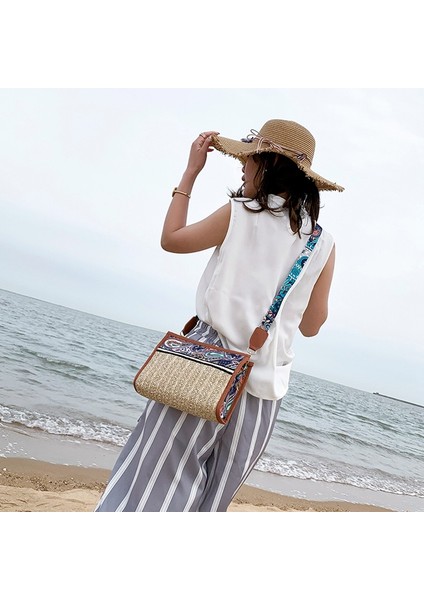 Boho Rattan Çanta Saman Plaj Kadın Etnik Omuz Renkli Kayış Crossbody Çanta ile Haki (Yurt Dışından) fırsatları