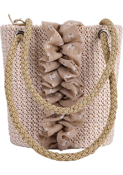 Baskılı Desen Hasır Dokuma Kadın Çantası Bohem Omuz Günlük Plaj El Çantası Bej (Yurt Dışından)