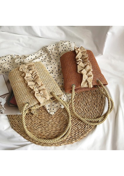 Baskılı Desen Hasır Dokuma Kadın Çantası Bohem Omuz Günlük Plaj El Çantası Bej (Yurt Dışından) fiyatları