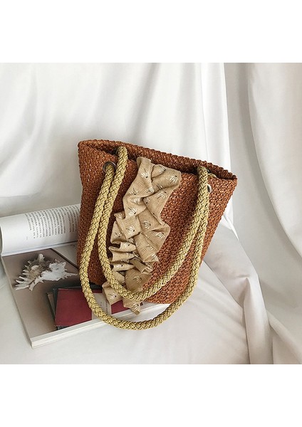 Baskılı Desen Hasır Dokuma Kadın Çantası Bohem Omuz Günlük Plaj El Çantası Bej (Yurt Dışından) modelleri