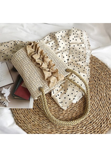 Baskılı Desen Hasır Dokuma Kadın Çantası Bohem Omuz Günlük Plaj El Çantası Bej (Yurt Dışından) fırsatları