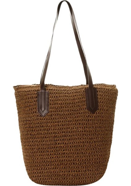 Kadın El Yapımı Hasır Örgülü Çanta Dokuma Doğal Moda Dış Mekan Çanta Plaj Çantaları (Koyu Kahverengi) (Yurt Dışından)