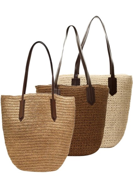 Kadın El Yapımı Hasır Örgülü Çanta Dokuma Doğal Moda Dış Mekan Çanta Plaj Çantaları (Koyu Kahverengi) (Yurt Dışından) modelleri