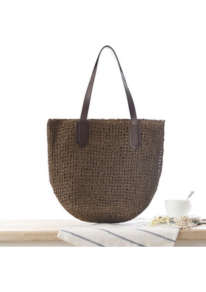 Kadın El Yapımı Hasır Örgülü Çanta Dokuma Doğal Moda Dış Mekan Çanta Plaj Çantaları (Koyu Kahverengi) (Yurt Dışından) fırsatları