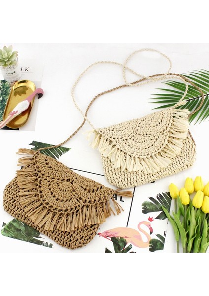 Hasır Çanta Kağıt Halat Kanca Çiçek Büyük Çevirme El-Kadın Günlük Çanta Plaj Çantası (Bej) (Yurt Dışından) modelleri